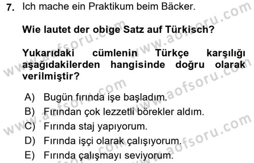 Almanca 2 Dersi 2017 - 2018 Yılı 3 Ders Sınav Soruları 7. Soru