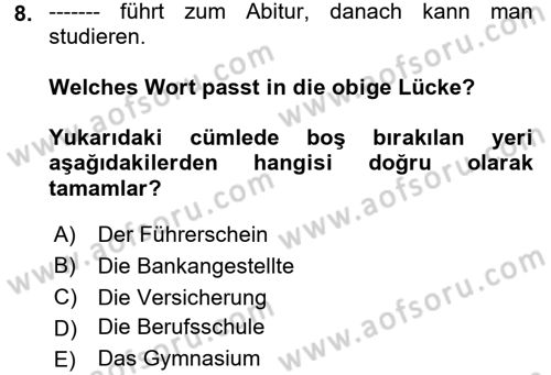 Almanca 2 Dersi 2017 - 2018 Yılı 3 Ders Sınav Soruları 8. Soru