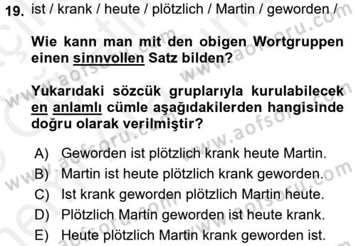 Almanca 2 Dersi 2017 - 2018 Yılı (Vize) Ara Sınav Soruları 19. Soru
