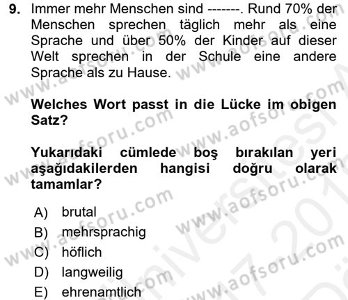 Almanca 2 Dersi 2017 - 2018 Yılı (Vize) Ara Sınav Soruları 9. Soru