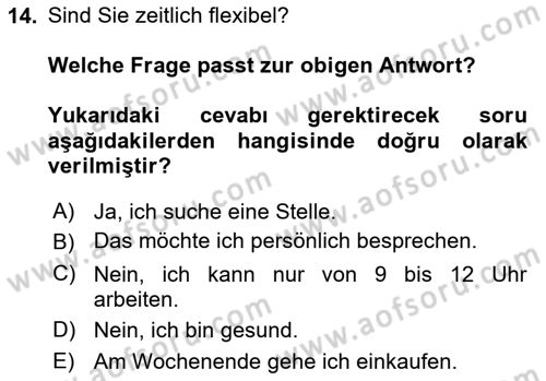 Almanca 2 Dersi 2021 - 2022 Yılı (Vize) Ara Sınav Soruları 14. Soru