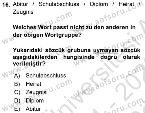 Almanca 2 Dersi 2021 - 2022 Yılı (Vize) Ara Sınav Soruları 16. Soru