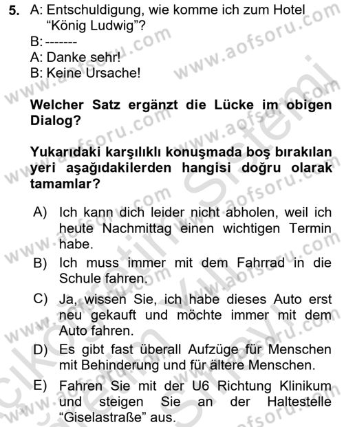 Almanca 2 Dersi 2021 - 2022 Yılı (Vize) Ara Sınav Soruları 5. Soru