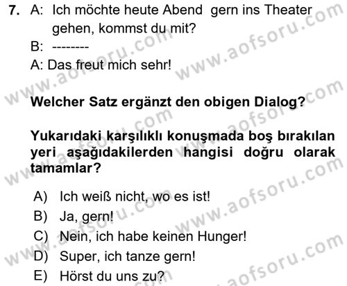Almanca 2 Dersi 2021 - 2022 Yılı (Vize) Ara Sınav Soruları 7. Soru
