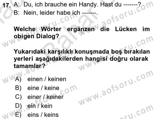 Almanca 2 Dersi 2021 - 2022 Yılı (Final) Dönem Sonu Sınav Soruları 17. Soru