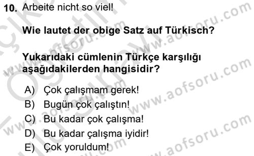 Almanca 2 Dersi 2021 - 2022 Yılı Yaz Okulu Sınav Soruları 10. Soru