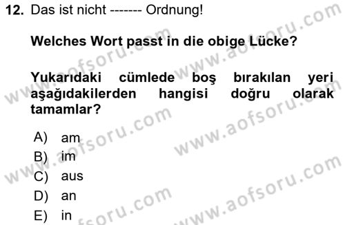 Almanca 2 Dersi 2021 - 2022 Yılı Yaz Okulu Sınav Soruları 12. Soru