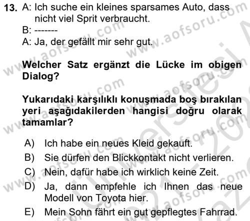 Almanca 2 Dersi 2021 - 2022 Yılı Yaz Okulu Sınav Soruları 13. Soru