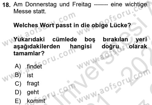 Almanca 2 Dersi 2021 - 2022 Yılı Yaz Okulu Sınav Soruları 18. Soru