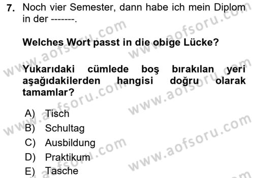 Almanca 2 Dersi 2021 - 2022 Yılı Yaz Okulu Sınav Soruları 7. Soru