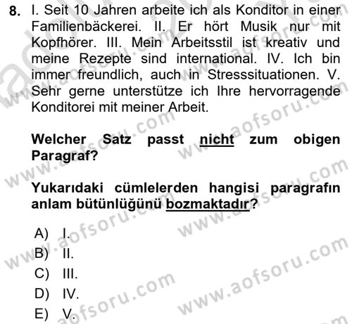 Almanca 2 Dersi 2021 - 2022 Yılı Yaz Okulu Sınav Soruları 8. Soru