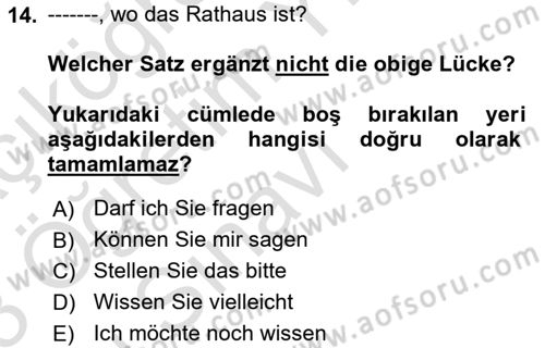 Almanca 2 Dersi 2022 - 2023 Yılı Yaz Okulu Sınav Soruları 14. Soru