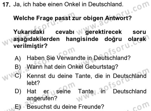 Almanca 2 Dersi 2022 - 2023 Yılı Yaz Okulu Sınav Soruları 17. Soru