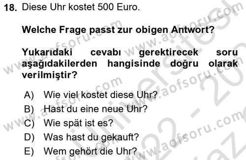 Almanca 2 Dersi 2022 - 2023 Yılı Yaz Okulu Sınav Soruları 18. Soru