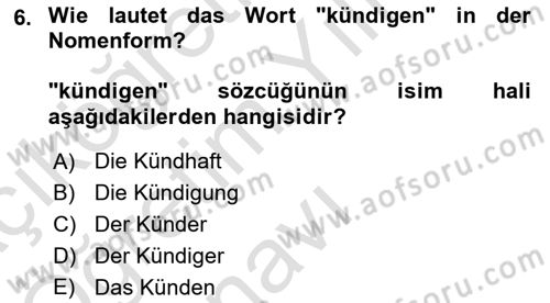 Almanca 2 Dersi 2022 - 2023 Yılı Yaz Okulu Sınav Soruları 6. Soru