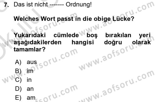 Almanca 2 Dersi 2022 - 2023 Yılı Yaz Okulu Sınav Soruları 7. Soru