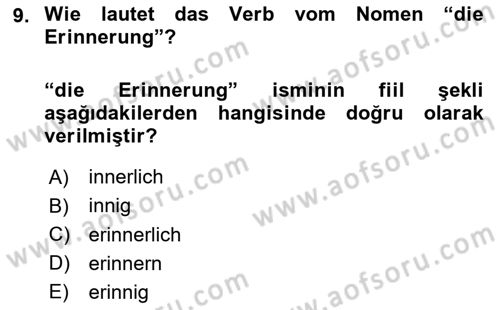 Almanca 2 Dersi 2022 - 2023 Yılı Yaz Okulu Sınav Soruları 9. Soru