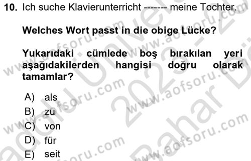 Almanca 2 Dersi 2023 - 2024 Yılı (Vize) Ara Sınav Soruları 10. Soru