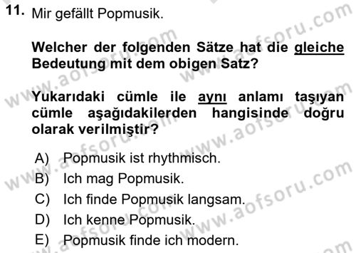 Almanca 2 Dersi 2023 - 2024 Yılı (Vize) Ara Sınav Soruları 11. Soru