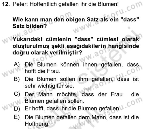 Almanca 2 Dersi 2023 - 2024 Yılı (Vize) Ara Sınav Soruları 12. Soru
