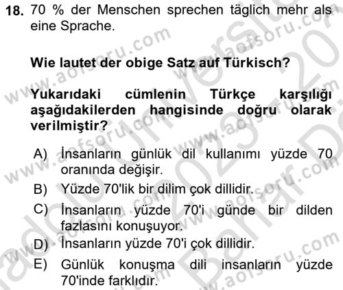 Almanca 2 Dersi 2023 - 2024 Yılı (Vize) Ara Sınav Soruları 18. Soru