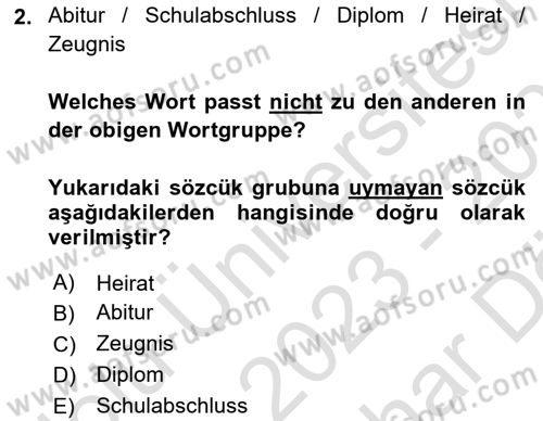 Almanca 2 Dersi 2023 - 2024 Yılı (Vize) Ara Sınav Soruları 2. Soru