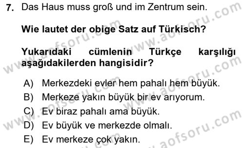 Almanca 2 Dersi 2023 - 2024 Yılı (Vize) Ara Sınav Soruları 7. Soru