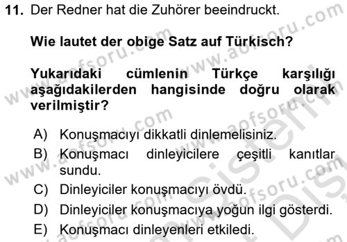 Almanca 2 Dersi 2023 - 2024 Yılı (Final) Dönem Sonu Sınav Soruları 11. Soru