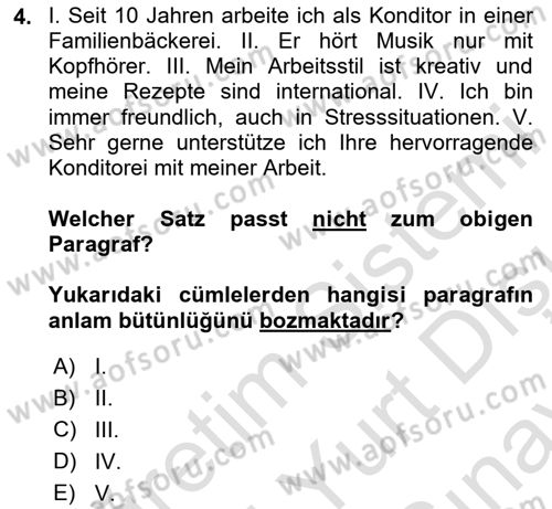 Almanca 2 Dersi 2023 - 2024 Yılı (Final) Dönem Sonu Sınav Soruları 4. Soru