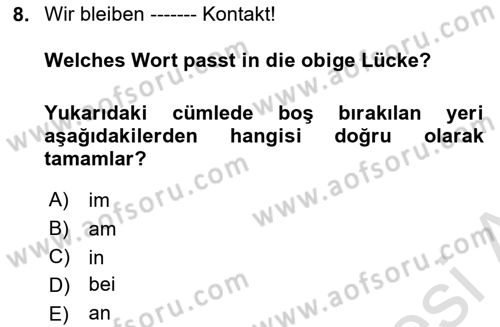 Almanca 2 Dersi 2023 - 2024 Yılı (Final) Dönem Sonu Sınav Soruları 8. Soru