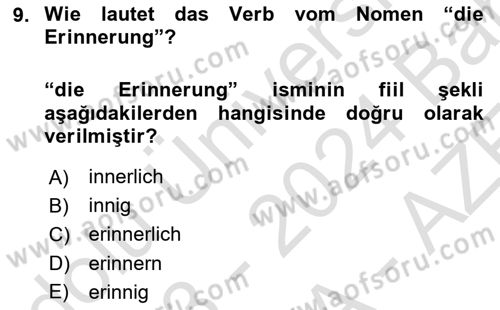 Almanca 2 Dersi 2023 - 2024 Yılı (Final) Dönem Sonu Sınav Soruları 9. Soru