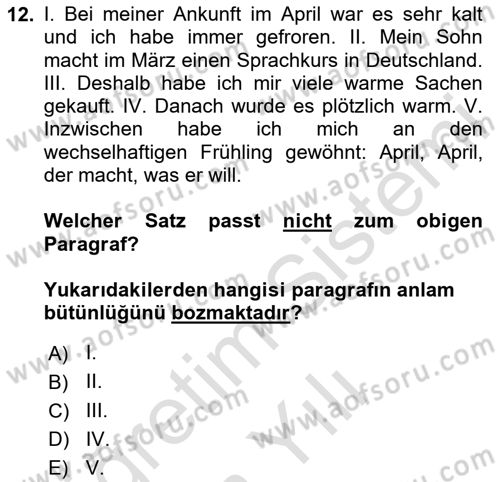 Almanca 2 Dersi 2023 - 2024 Yılı Yaz Okulu Sınav Soruları 12. Soru