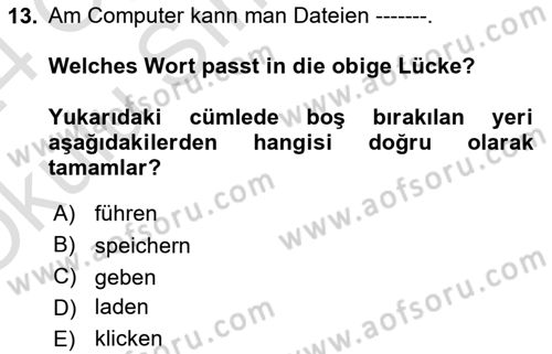 Almanca 2 Dersi 2023 - 2024 Yılı Yaz Okulu Sınav Soruları 13. Soru