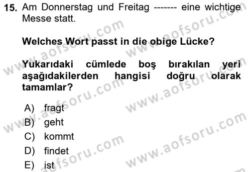 Almanca 2 Dersi 2023 - 2024 Yılı Yaz Okulu Sınav Soruları 15. Soru