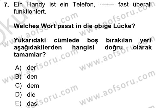 Almanca 2 Dersi 2023 - 2024 Yılı Yaz Okulu Sınav Soruları 7. Soru