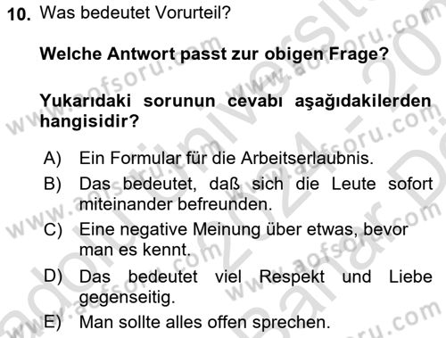 Almanca 2 Dersi 2024 - 2025 Yılı (Vize) Ara Sınav Soruları 10. Soru