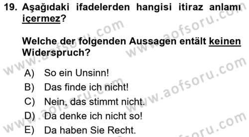 Almanca 2 Dersi 2024 - 2025 Yılı (Vize) Ara Sınav Soruları 19. Soru