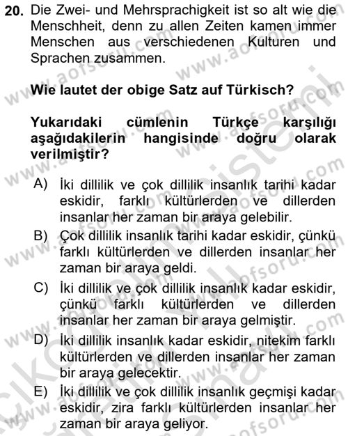 Almanca 2 Dersi 2024 - 2025 Yılı (Vize) Ara Sınav Soruları 20. Soru