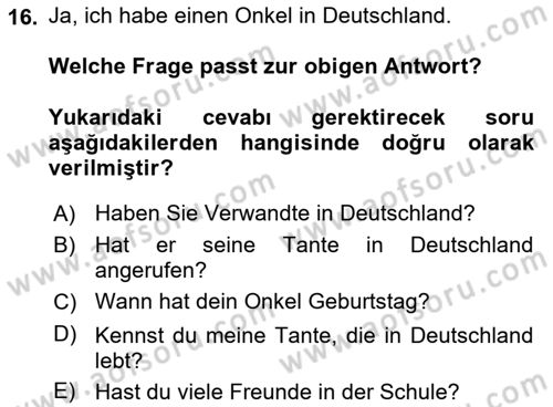 Almanca 2 Dersi 2024 - 2025 Yılı Yaz Okulu Sınav Soruları 16. Soru