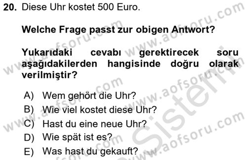 Almanca 2 Dersi 2024 - 2025 Yılı Yaz Okulu Sınav Soruları 20. Soru