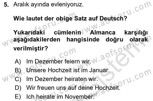 Almanca 2 Dersi 2024 - 2025 Yılı Yaz Okulu Sınav Soruları 5. Soru