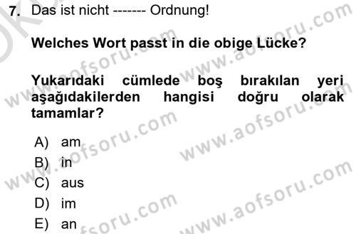 Almanca 2 Dersi 2024 - 2025 Yılı Yaz Okulu Sınav Soruları 7. Soru