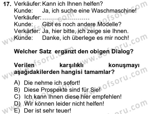 Almanca 1 Dersi 2013 - 2014 Yılı Tek Ders Sınav Soruları 17. Soru