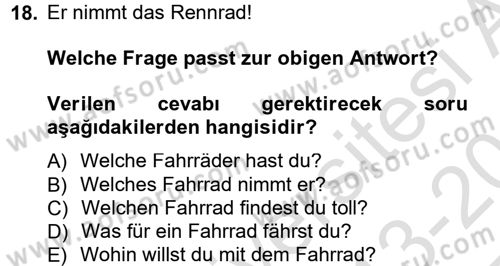 Almanca 1 Dersi 2013 - 2014 Yılı Tek Ders Sınav Soruları 18. Soru
