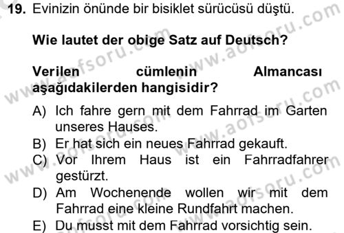 Almanca 1 Dersi 2013 - 2014 Yılı Tek Ders Sınav Soruları 19. Soru