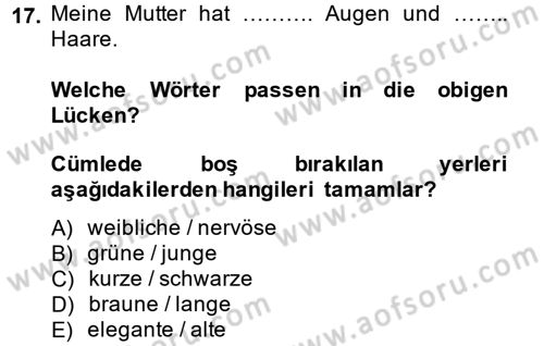 Almanca 1 Dersi 2014 - 2015 Yılı (Vize) Ara Sınav Soruları 17. Soru