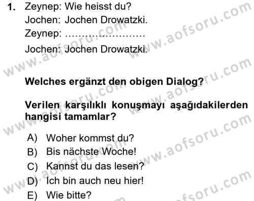 Almanca 1 Dersi 2015 - 2016 Yılı (Vize) Ara Sınavı 1. Soru