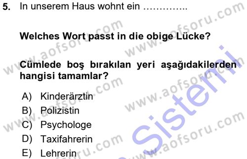 Almanca 1 Dersi 2015 - 2016 Yılı (Vize) Ara Sınavı 5. Soru