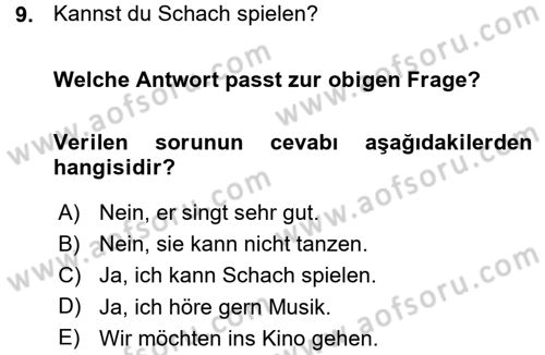 Almanca 1 Dersi 2015 - 2016 Yılı (Vize) Ara Sınavı 9. Soru