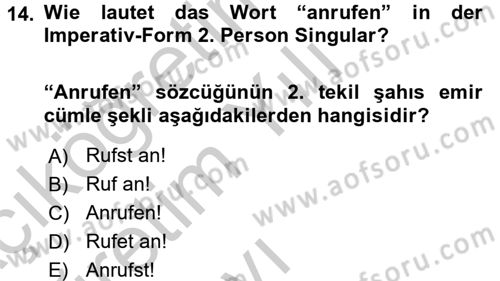 Almanca 1 Dersi 2016 - 2017 Yılı 3 Ders Sınav Soruları 14. Soru